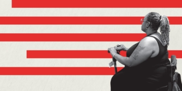 Profile view of Monica Wiley, an African American woman using a scooter. Her image is in a graphic with red, American flag like stripes.