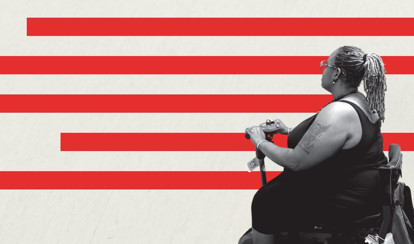 Profile view of Monica Wiley, an African American woman using a scooter. Her image is in a graphic with red, American flag like stripes.